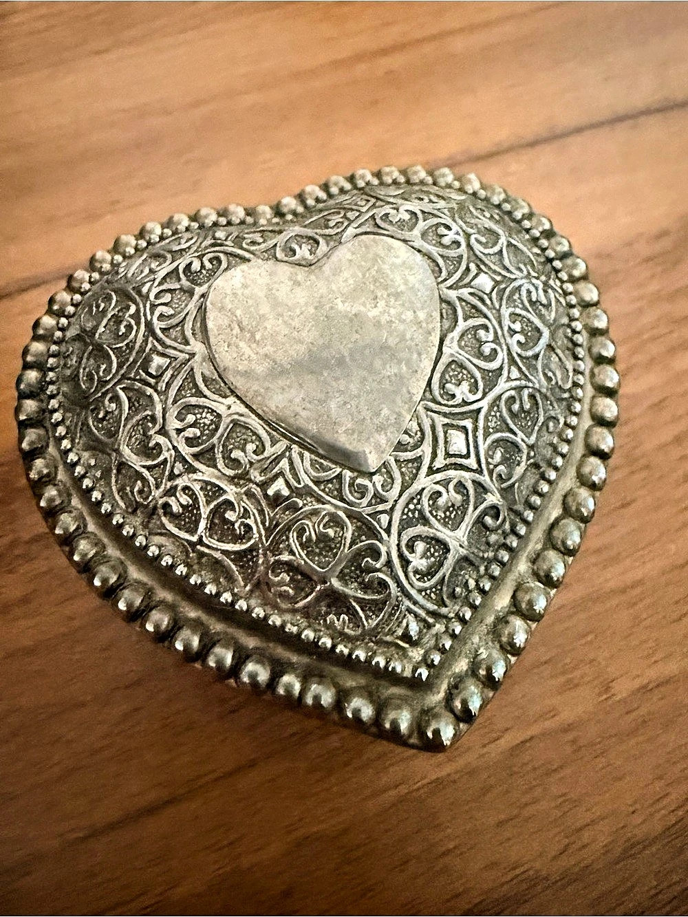 Heart-Shaped Ornate Trinket Box in Silver & Blue